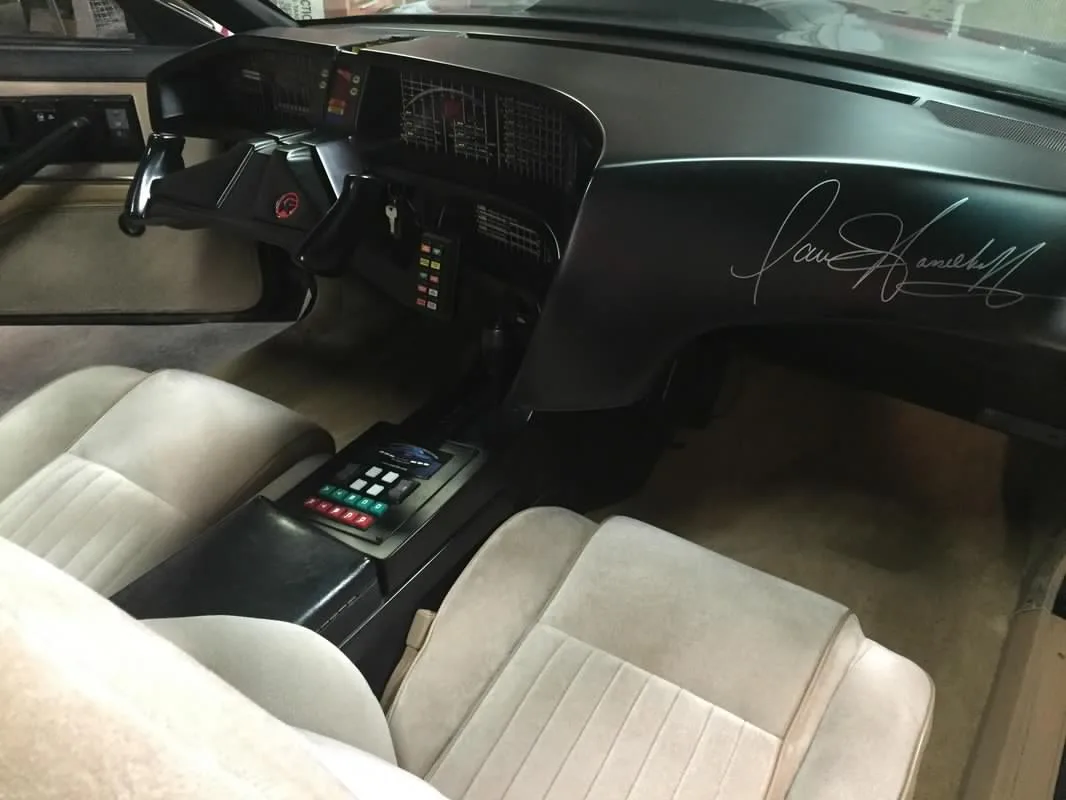 Screen-accurate KITT replica interior dashboard featuring an authentic signature from David Hasselhoff on the passenger-side dash.