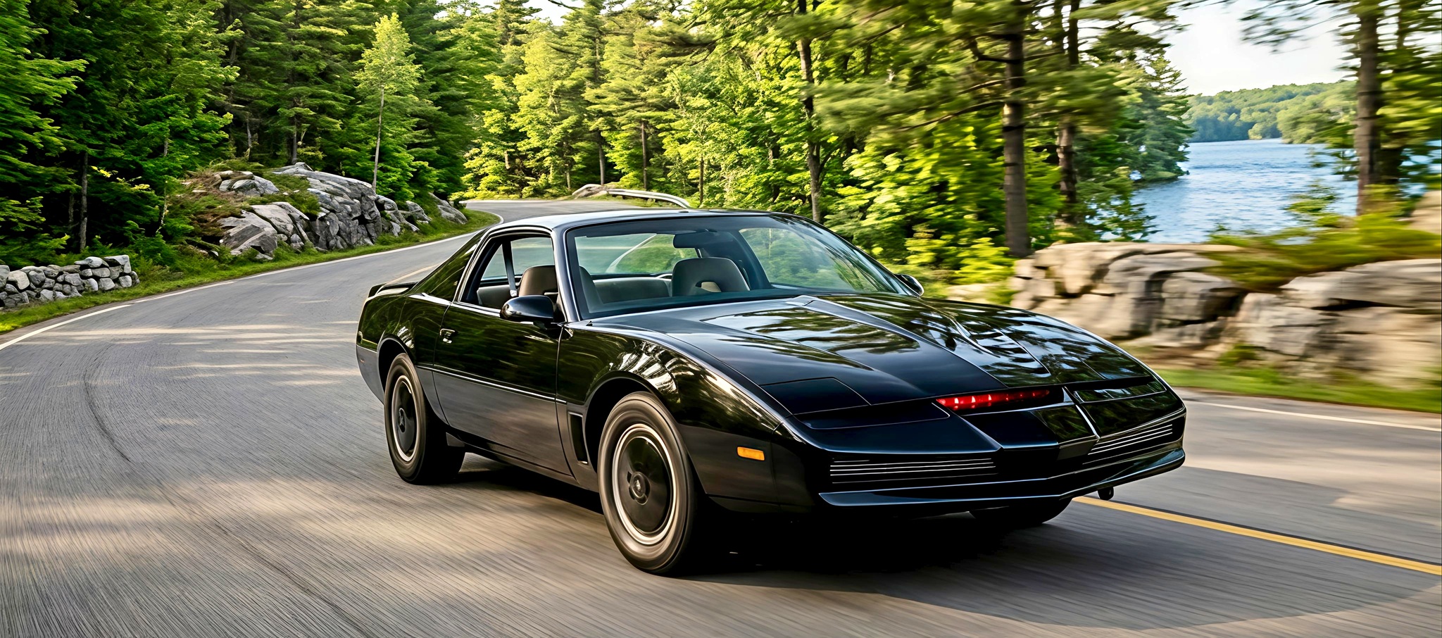 A screen-accurate 1983 Pontiac Trans Am KITT replica with a high-gloss black finish cruising on a winding asphalt road next to a calm lake and dense green forest in Muskoka